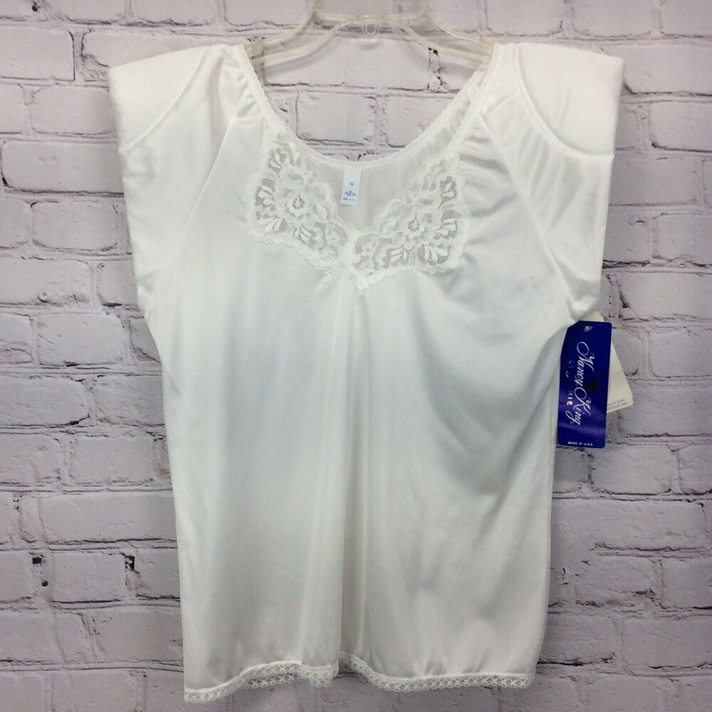 Vintage Nancy King Shirt Slip Lingerie Women's Size M White Lace Shoulder Pads